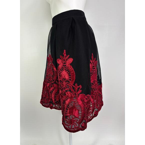 Love Culture Black Mesh Skirt Red Ribbon Embroidery Size Small Romantic Goth - Picture 6 of 14